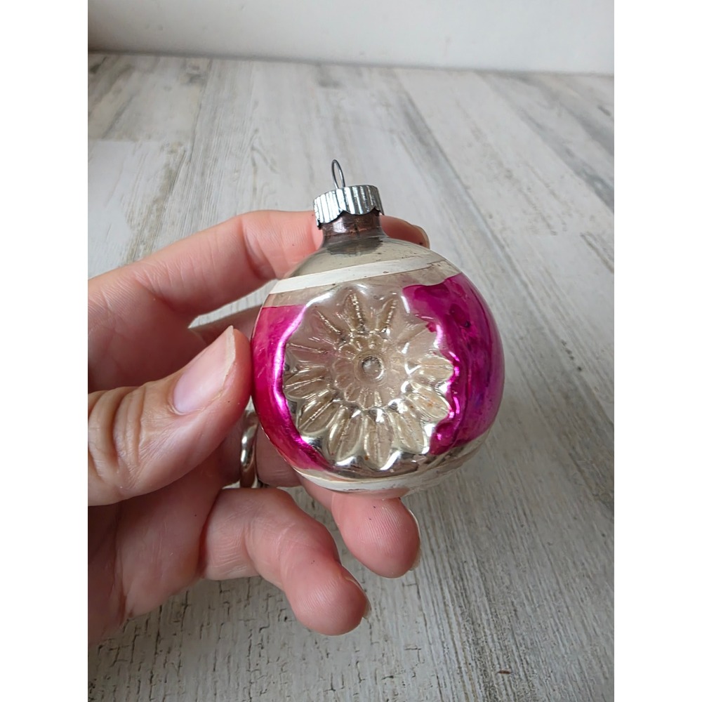 Vintage shiny Brite double indent pink flower striped ornament Xmas tree